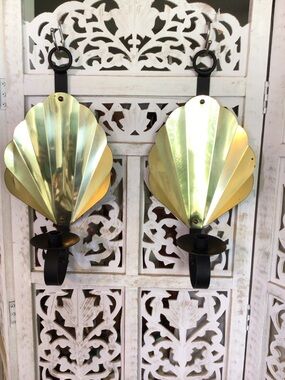 Vintage MCM Brass Black Scalloped Clam Shell Wall Sconce Candle Holder Pair 18”